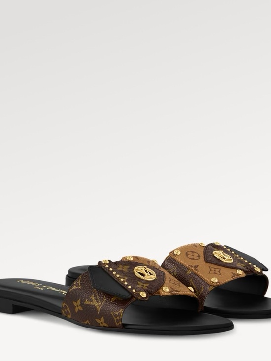 Louis Vuitton Shoes - Louis Vuitton Brown Monogram & Black Leather Slide Sandals with Gold Accents